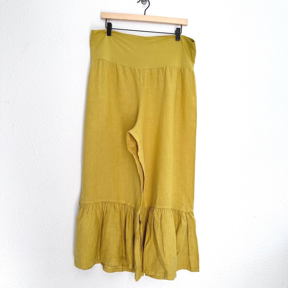 Bryn Walker Pants Women Large Yellow Linen Ruffle Hem Wide Leg Lagenlook Boho